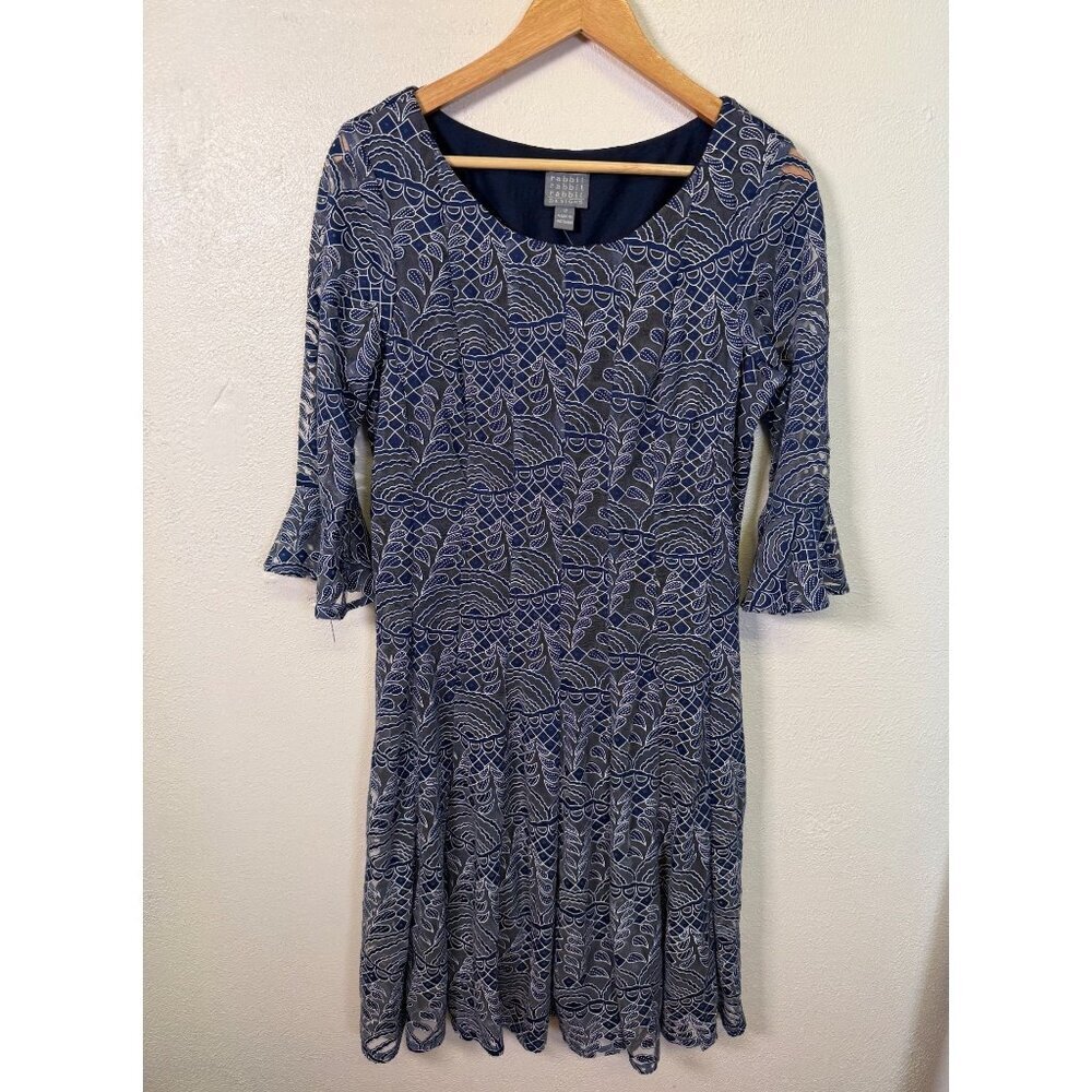 Rabbit Navy Fit & Flare Dress Bell Sleeves Size 12 Casual Modest Classic NWT